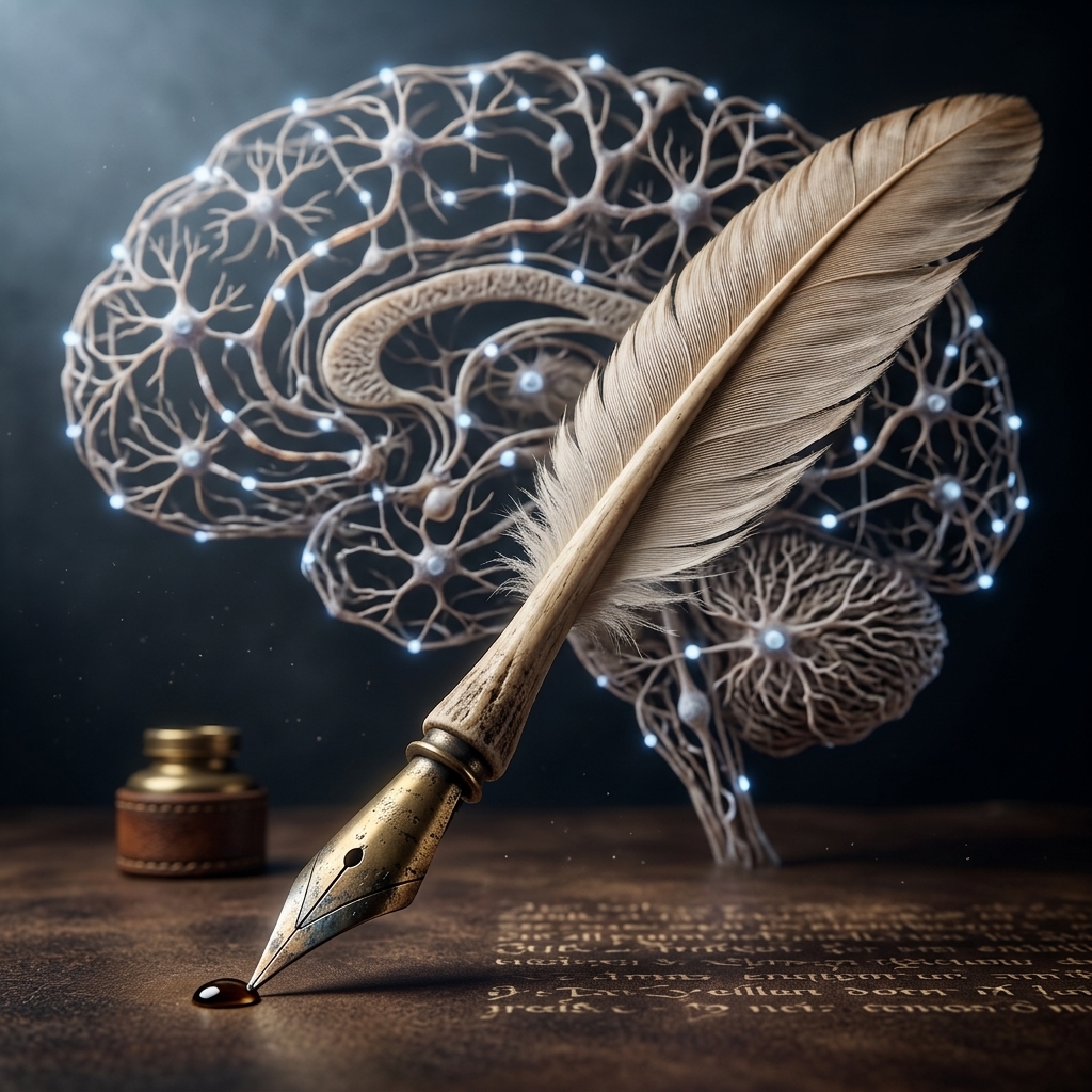 Una pluma de escritura delante de un cerebro formado por conexiones luminosas: literatura y tecnología.
