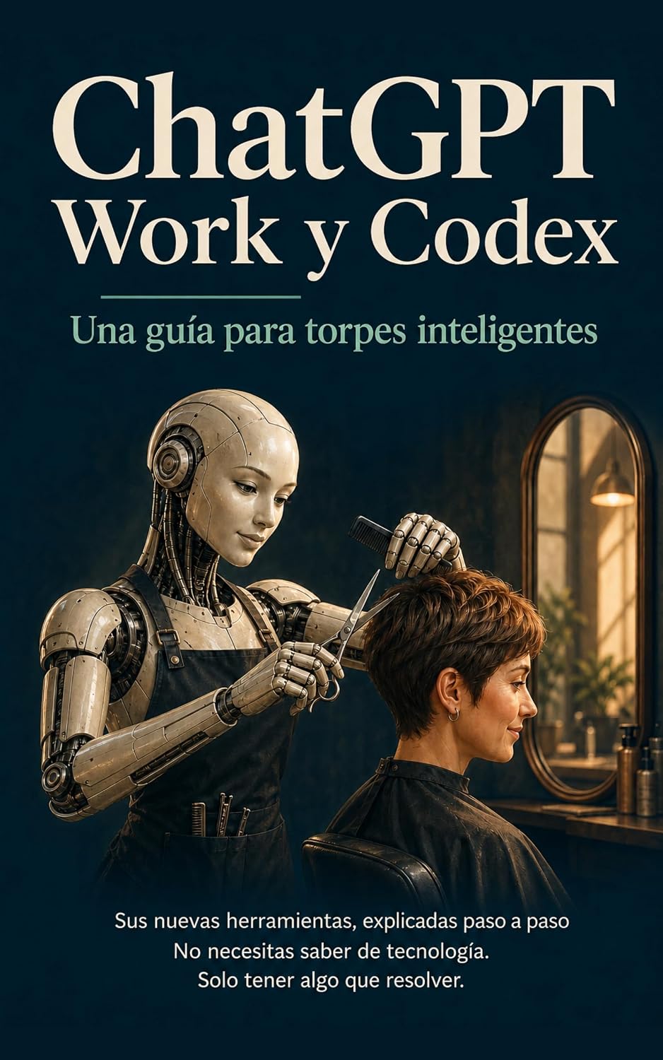 Portada de ChatGPT Work y Codex: Una guía para torpes inteligentes. Una robot trabajando en una peluquería.