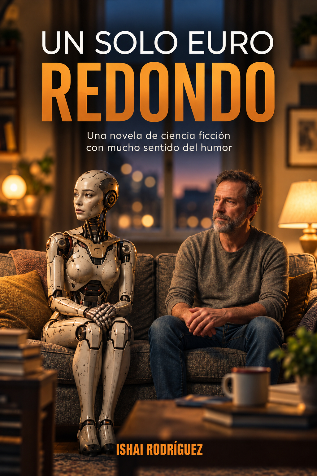 Portada de Un solo euro redondo, de Ishai Rodríguez. Un hombre y una robot sentados en una biblioteca.